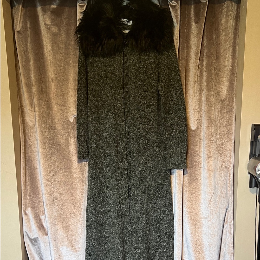 Chic Maglificio Belvedere Faux Fur Collar Green Gray Duster Sweater Size Medium